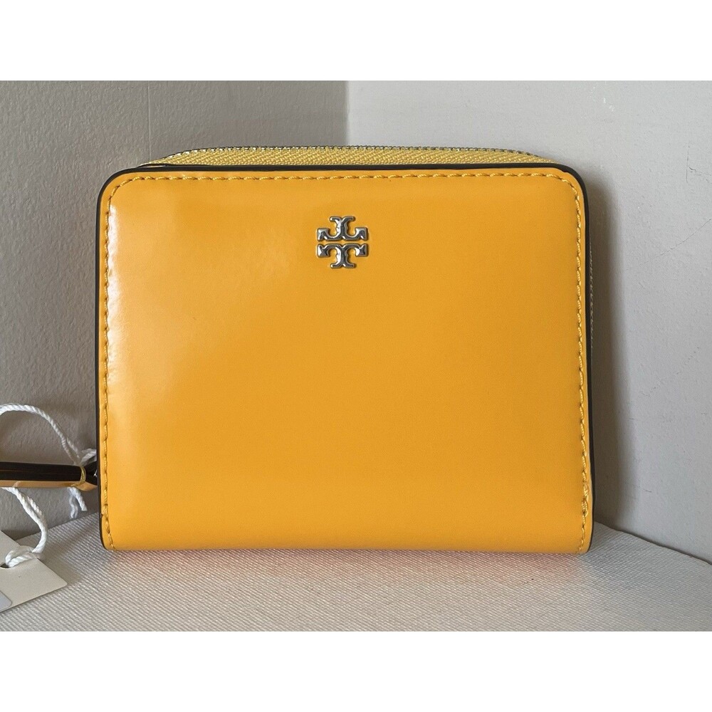 New Tory Burch Emerson Mini Patent Leather Wallet Bright Squash